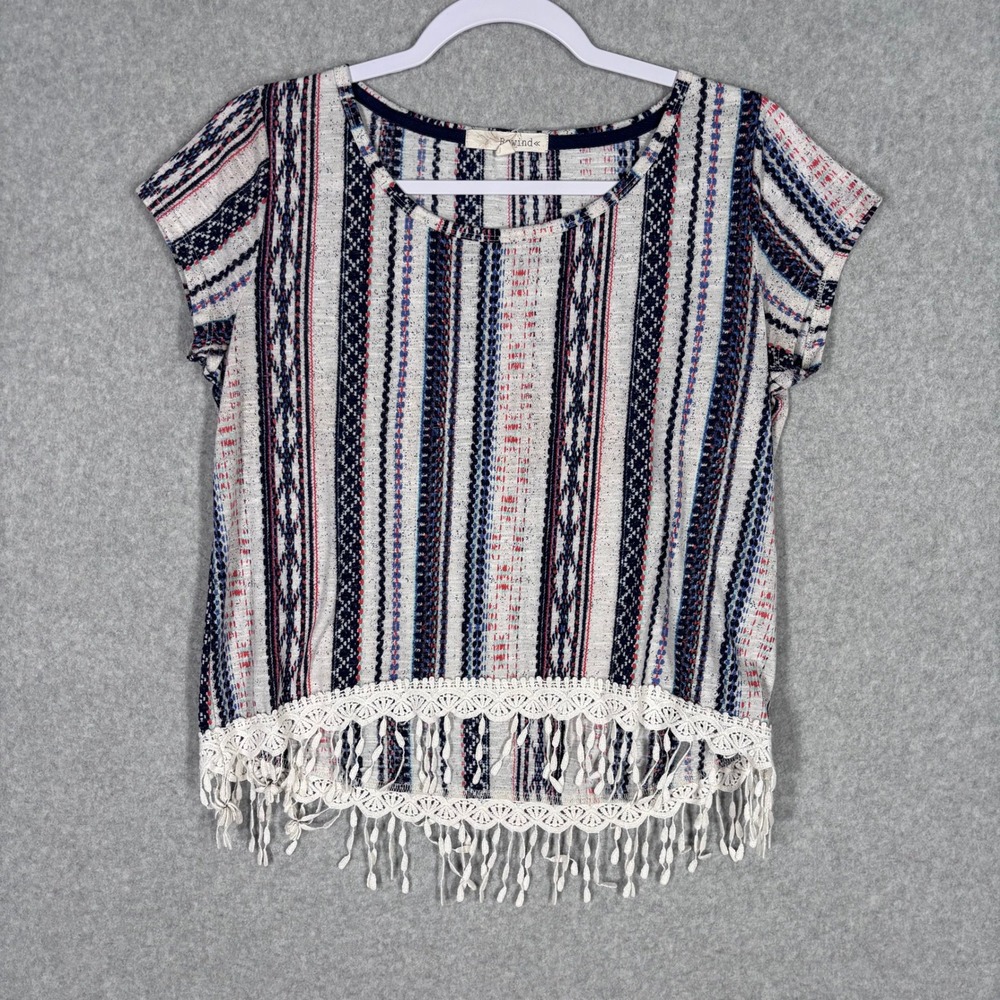 Lace Crochet Fringe Top Small Blue White Boho Festival Western‎ Ikat Southwest